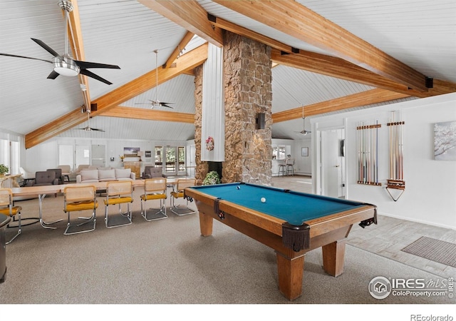 3365 Chisholm Trl Unit B102, Boulder, CO 80301 - playroom with carpet floors, ceiling fan, billiards, beam ceiling, and high vaulted ceiling