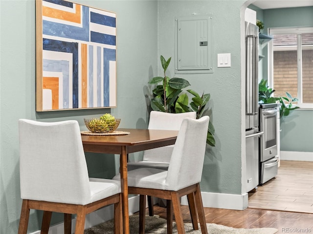 3555 Leyden St, Denver, CO 80207 - dining room with electric panel, wood finished floors, and baseboards