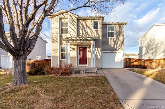 front facade with a front yard and a garage