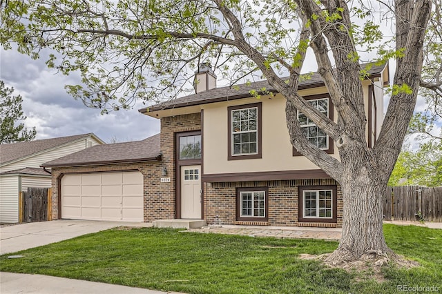 view of front facade with brick siding, driveway, stucco siding, a chimney, and an attached garage