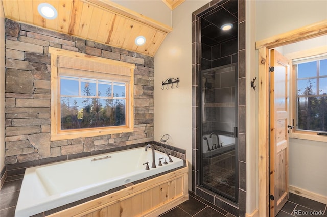 632 Gcr 662, Grand Lake, CO 80447 - bathroom with a garden tub, tile patterned flooring, a stall shower, and wooden ceiling