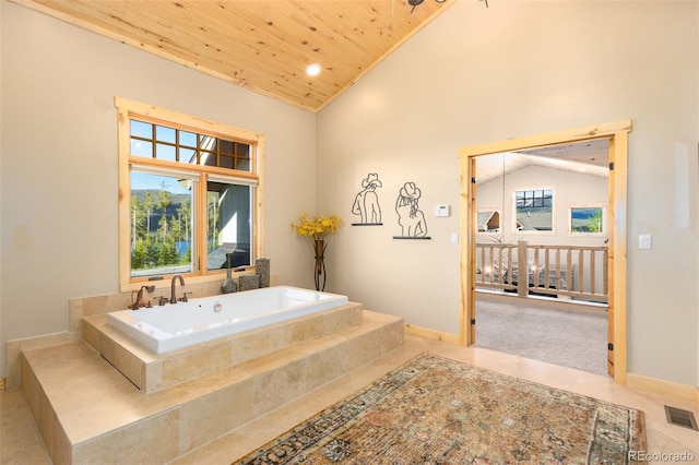 632 Gcr 662, Grand Lake, CO 80447 - full bath with a garden tub, visible vents, wooden ceiling, high vaulted ceiling, and recessed lighting