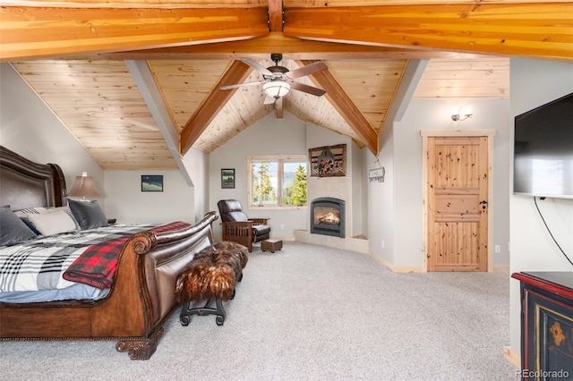 632 Gcr 662, Grand Lake, CO 80447 - carpeted bedroom featuring baseboards, wood ceiling, vaulted ceiling with beams, and a large fireplace