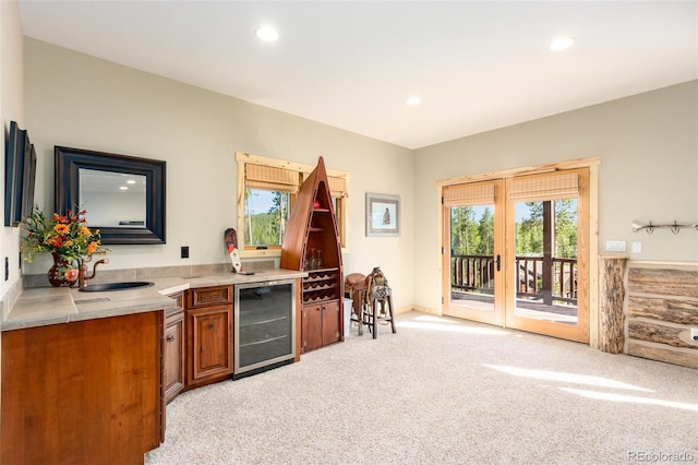 632 Gcr 662, Grand Lake, CO 80447 - bar featuring recessed lighting, light carpet, a sink, and wine cooler