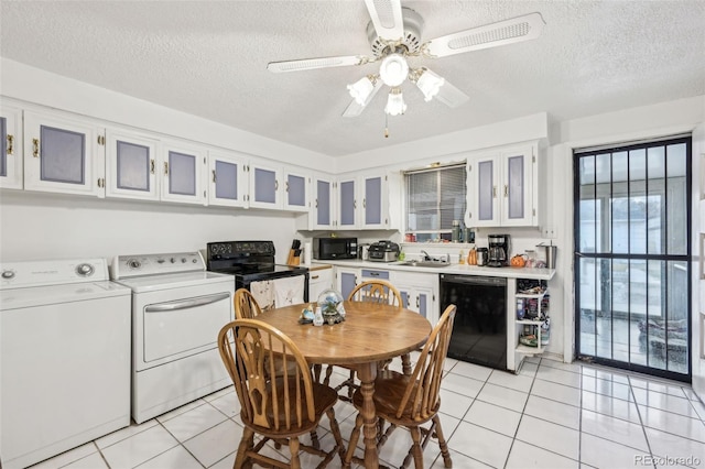 dining area with washer and clothes dryer, a textured ceiling, ceiling fan, and light tile patterned flooring