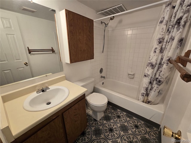 full bath with toilet, shower / bath combo, vanity, and visible vents