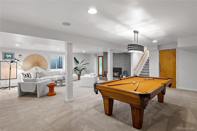 recreation room featuring recessed lighting and light carpet