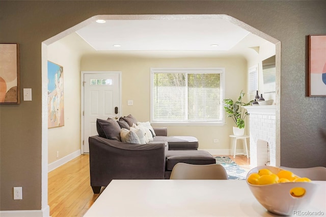 living room with a fireplace and light hardwood / wood-style flooring