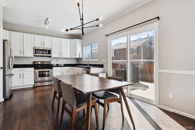 kitchen with appliances with stainless steel finishes, pendant lighting, sink, white cabinets, and dark hardwood / wood-style flooring