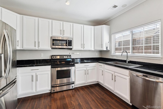 kitchen featuring white cabinetry, stainless steel appliances, dark hardwood / wood-style floors, and sink