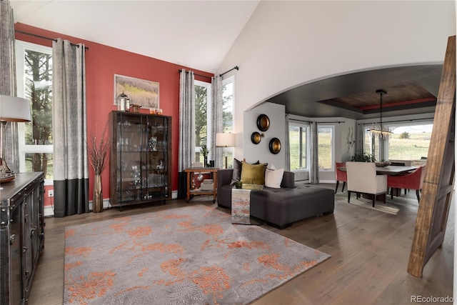 living area with a baseboard radiator, high vaulted ceiling, arched walkways, and wood finished floors