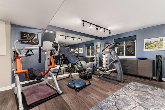 workout area with baseboards and wood finished floors