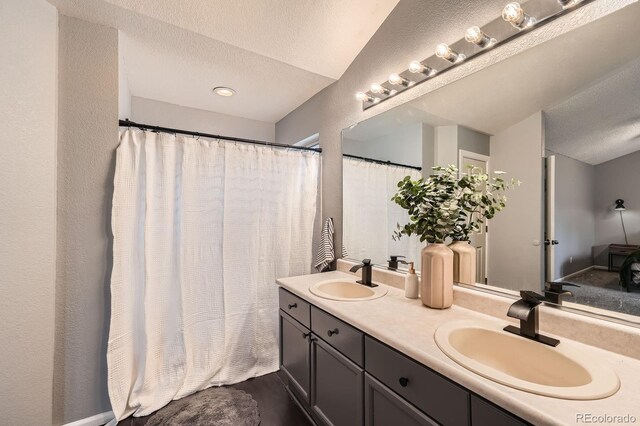 4567 Flanders Way, Denver, CO 80249 - full bathroom featuring double vanity, a textured ceiling, and a textured wall