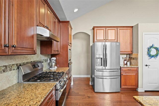8101 Wynstone Dr, Windsor, CO 80550 - kitchen with appliances with stainless steel finishes, under cabinet range hood, baseboards, lofted ceiling, and dark wood-style floors