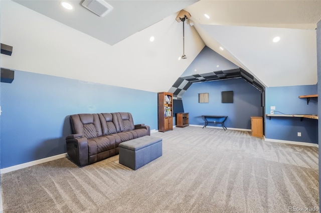 interior space featuring carpet and vaulted ceiling