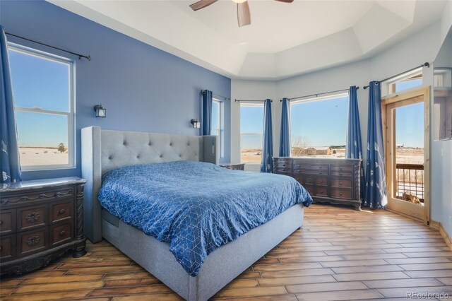 bedroom featuring a raised ceiling, ceiling fan, and wood-type flooring