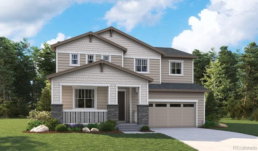 craftsman house featuring concrete driveway, an attached garage, covered porch, a front lawn, and stone siding
