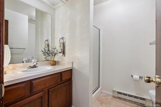 13950 E Oxford Pl Unit B105, Aurora, CO 80014 - bathroom featuring a baseboard heating unit, toilet, vanity, a shower stall, and tile patterned flooring