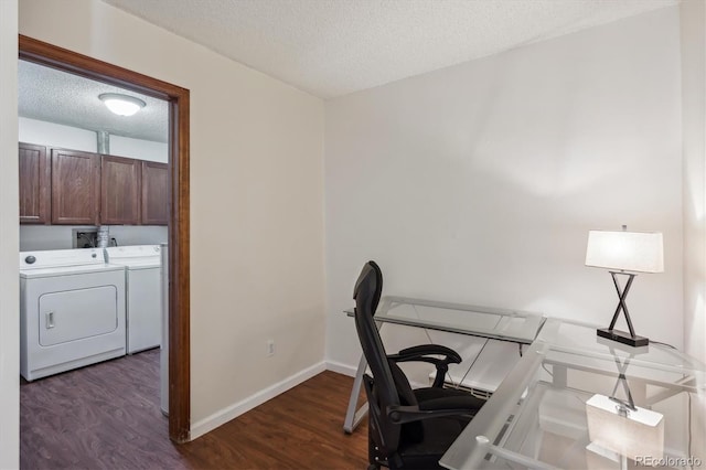 13950 E Oxford Pl Unit B105, Aurora, CO 80014 - office area featuring washer and clothes dryer, a textured ceiling, dark wood finished floors, and baseboards