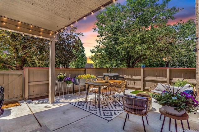 1152 S Yosemite Way Unit 29, Denver, CO 80247 - patio terrace at dusk with a patio area, outdoor dining area, and grilling area