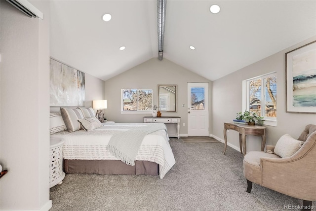 bedroom featuring carpet floors and lofted ceiling with beams