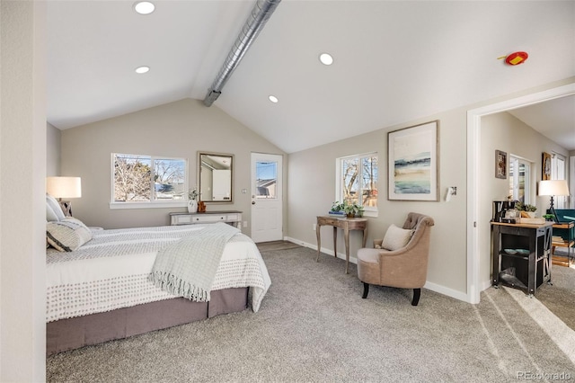 bedroom featuring vaulted ceiling with beams and light carpet