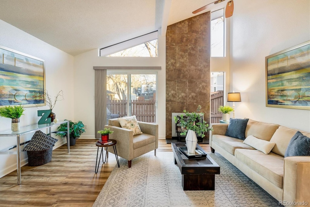 living room with wood-type flooring, high vaulted ceiling, and a healthy amount of sunlight