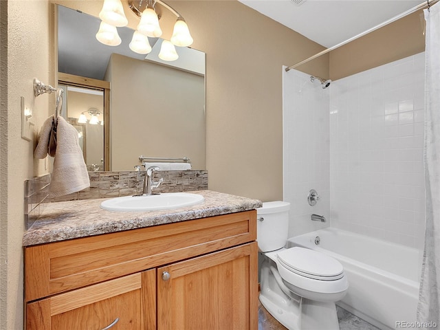 bathroom with vanity, toilet, shower / bathtub combination with curtain, and a chandelier