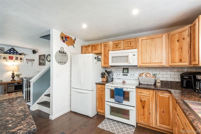 12296 Birch St, Thornton, CO 80241 - kitchen with white appliances, backsplash, dark wood-style floors, and recessed lighting