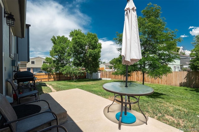 12296 Birch St, Thornton, CO 80241 - fenced backyard with a storage unit, a patio, and grilling area