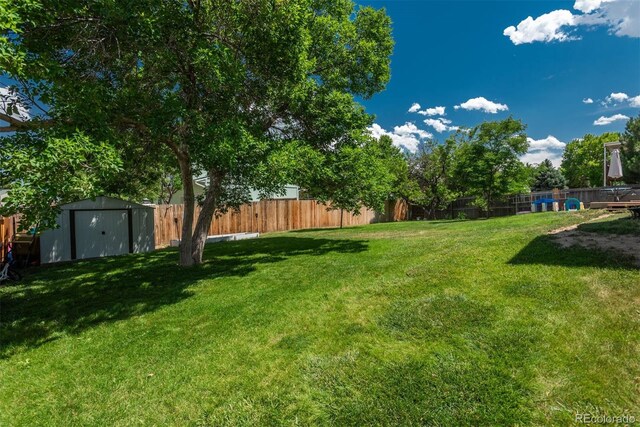 12296 Birch St, Thornton, CO 80241 - fenced backyard featuring a storage shed