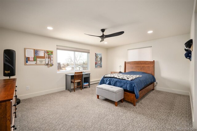 bedroom with ceiling fan, baseboards, carpet flooring, and recessed lighting