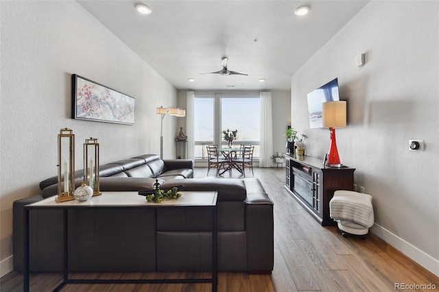 living room with ceiling fan and light wood-type flooring