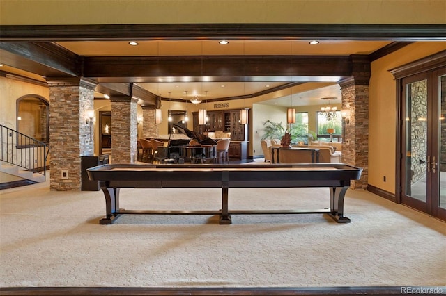 game room with carpet flooring, ornate columns, crown molding, and billiards