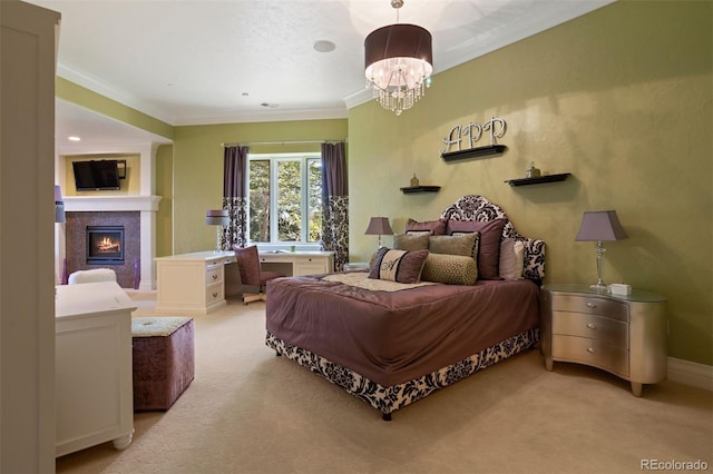 bedroom with crown molding, light carpet, and an inviting chandelier