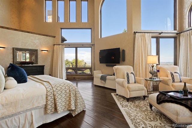 bedroom with dark hardwood / wood-style floors, access to outside, and a high ceiling