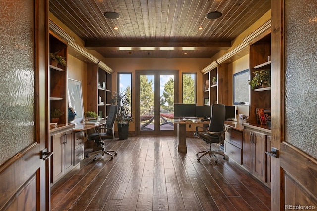 office space featuring beam ceiling, french doors, dark wood-type flooring, and wood ceiling