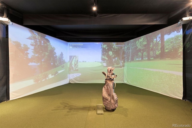 interior space with carpet flooring and golf simulator