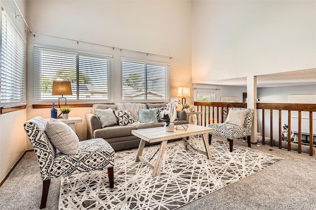 6367 Xavier St, Arvada, CO 80003 - living area with carpet, a high ceiling, and baseboards