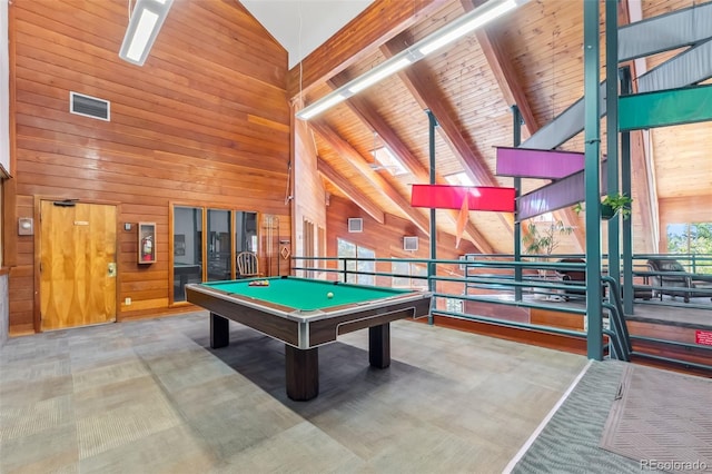 91400 Ryan Gulch Rd Unit 91406B, Silverthorne, CO 80498 - game room with wooden walls, high vaulted ceiling, billiards table, carpet flooring, and wood ceiling