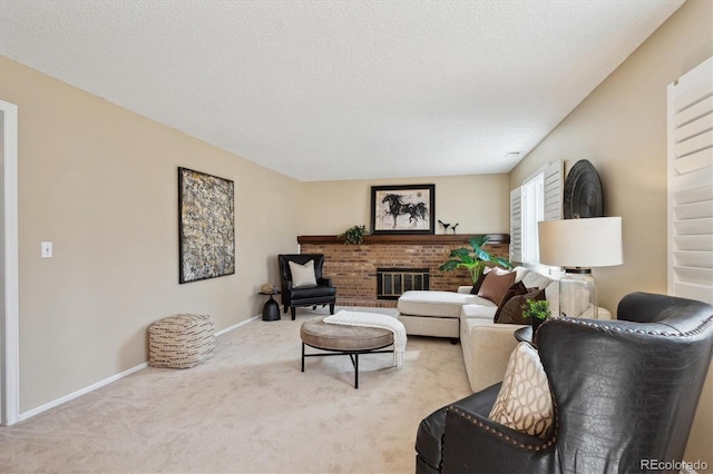 carpeted living room with a fireplace, a textured ceiling, and baseboards