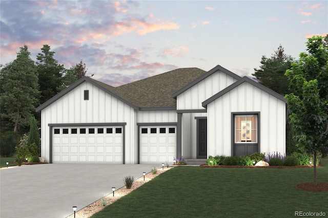 modern inspired farmhouse featuring a front lawn, board and batten siding, concrete driveway, a shingled roof, and a garage