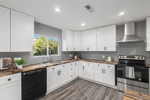 kitchen with wood counters, wall chimney range hood, sink, stainless steel electric stove, and dishwasher