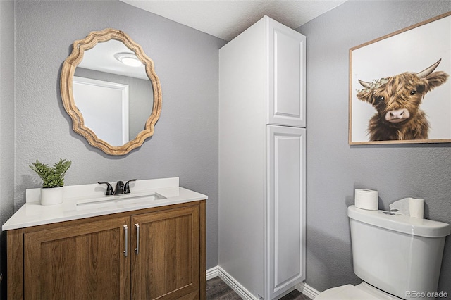 bathroom featuring vanity, toilet, and hardwood / wood-style flooring