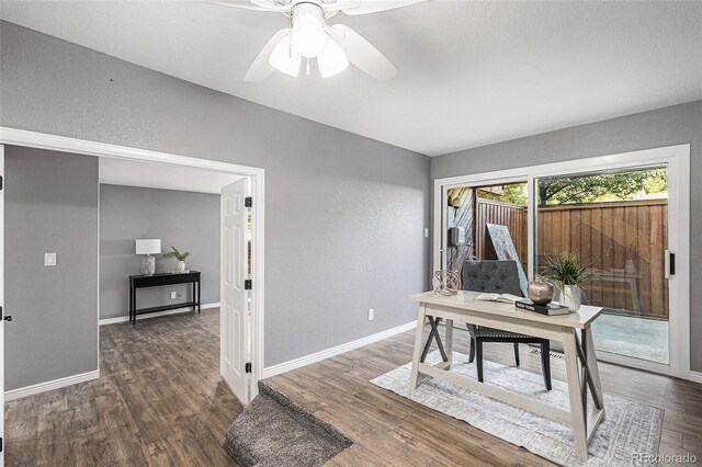 office featuring ceiling fan and hardwood / wood-style floors