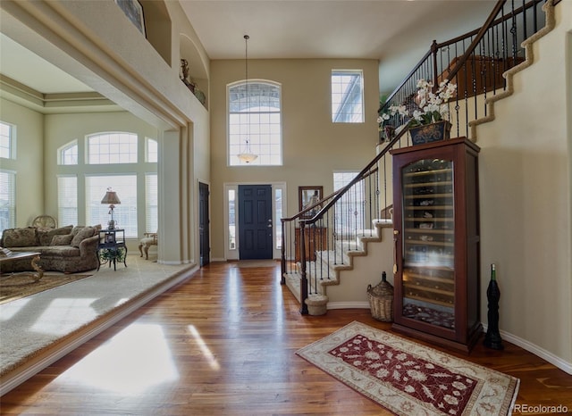 entrance foyer with a high ceiling, a healthy amount of sunlight, and hardwood / wood-style floors