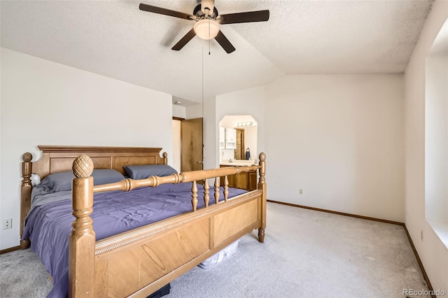3823 S Uravan St, Aurora, CO 80013 - bedroom featuring light carpet, baseboards, lofted ceiling, arched walkways, and connected bathroom
