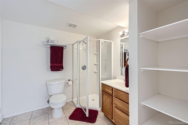 3823 S Uravan St, Aurora, CO 80013 - bathroom with vanity, a shower stall, toilet, and tile patterned floors