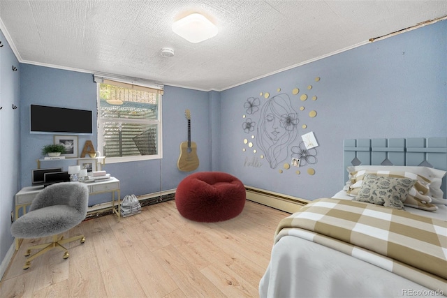 4635 Teller St, Wheat Ridge, CO 80033 - bedroom with a baseboard radiator, wood finished floors, crown molding, and a textured ceiling