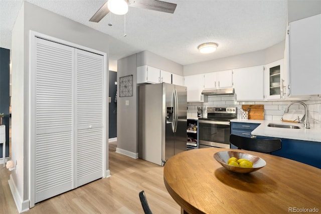 7040 E Girard Ave Unit 207, Denver, CO 80224 - kitchen featuring appliances with stainless steel finishes, under cabinet range hood, a sink, light wood-style flooring, and decorative backsplash